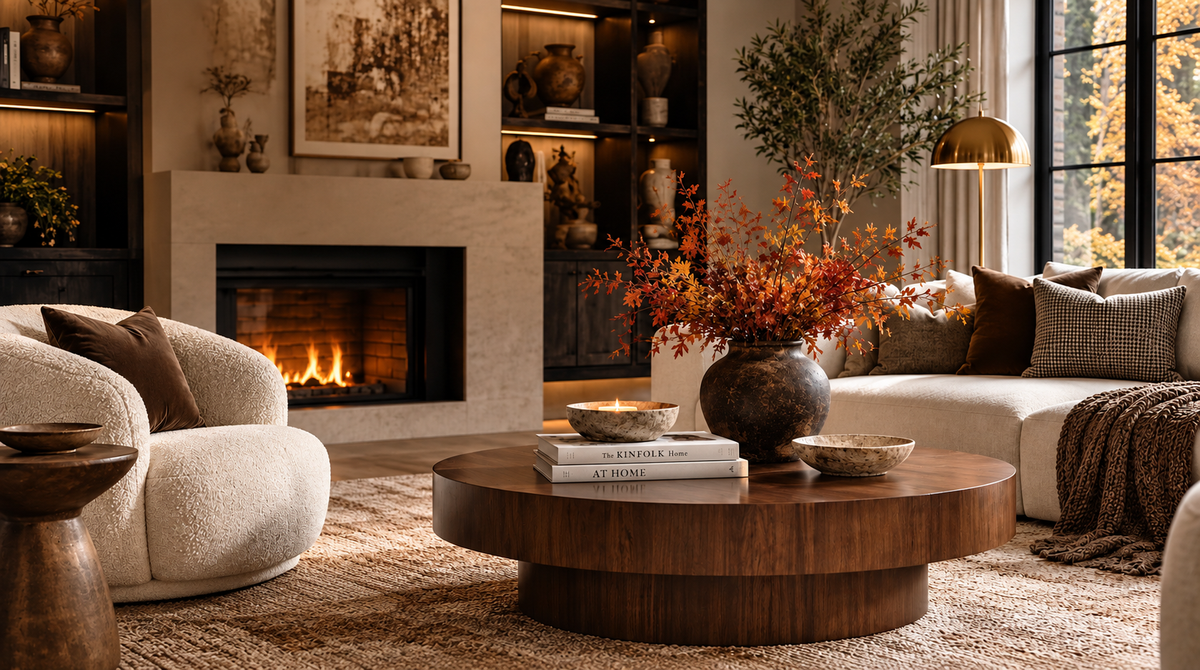 Warm modern luxury living room with dark walnut, cream upholstery, layered lighting and brass accents for Fall 2026 home decor trends