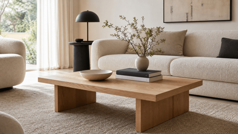 Modern minimalist living room with a light oak wood coffee table, cream boucle sofa and chairs, neutral rug, black table lamp, and organic branch vase.