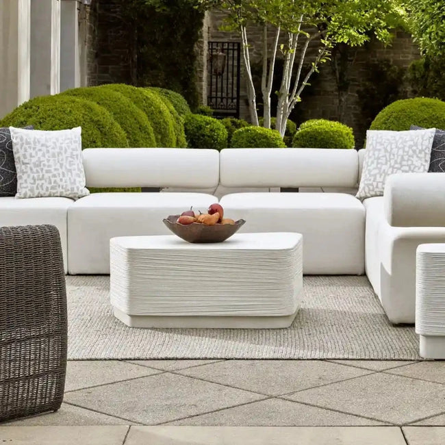 Cloud Dancer inspired white outdoor furniture with modern neutral patio decor