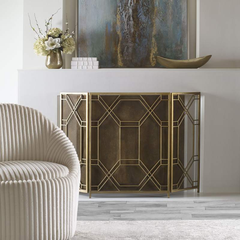 Collection of fireplace screens including modern metal screens, traditional tri-fold screens, and decorative fireplace guards in various finishes