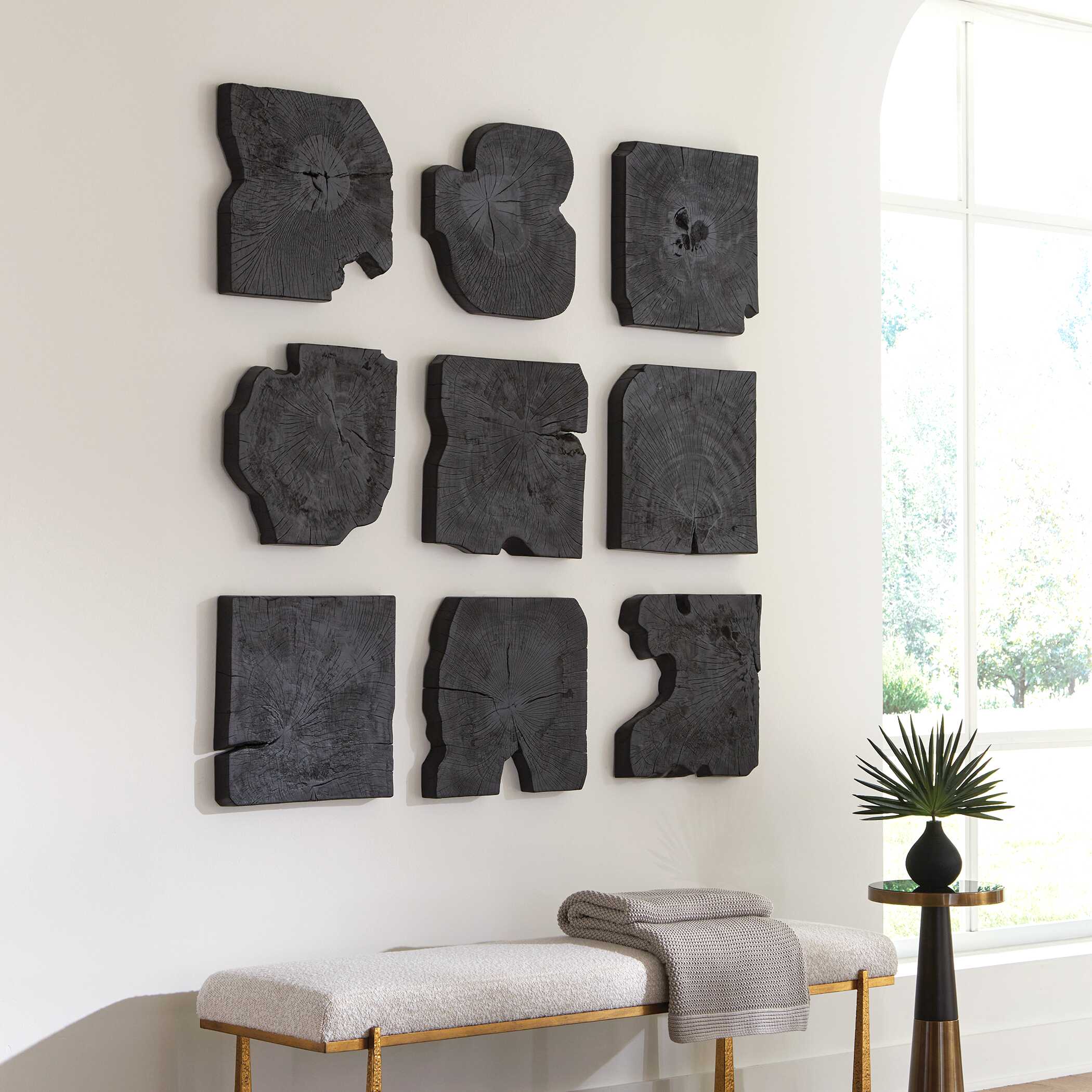 Bahati Black Wood Wall Decor Set 9 by Uttermost styled room view