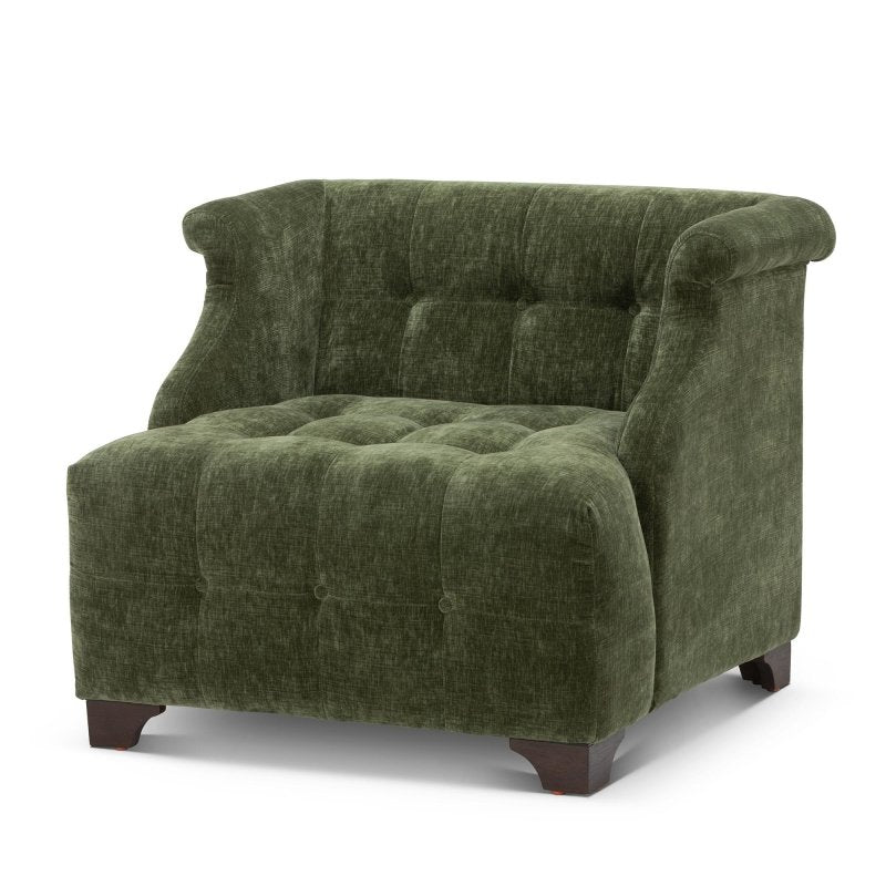 Three-quarter view of the Scroll Arm moss green accent chair with button tufting, rolled arms and wood block feet
