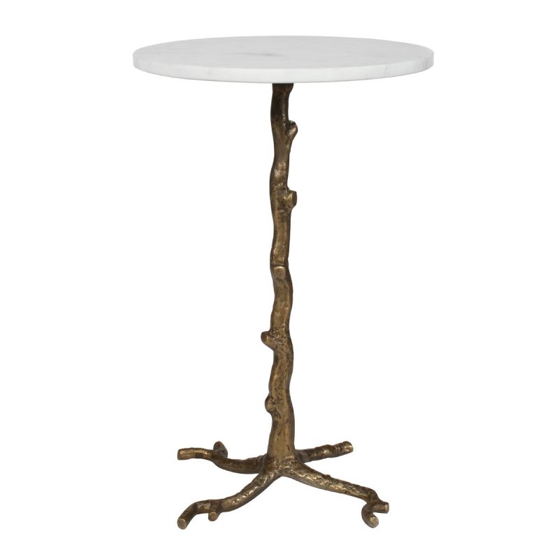 Side view of the Calais Antique Brass Marble Accent Table by Uttermost