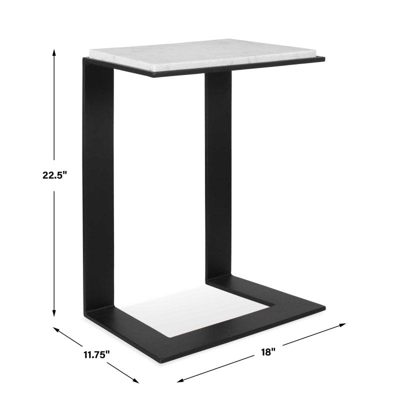 Kenora White Marble Accent Table by Uttermost side view slim black plated iron frame and honed marble top