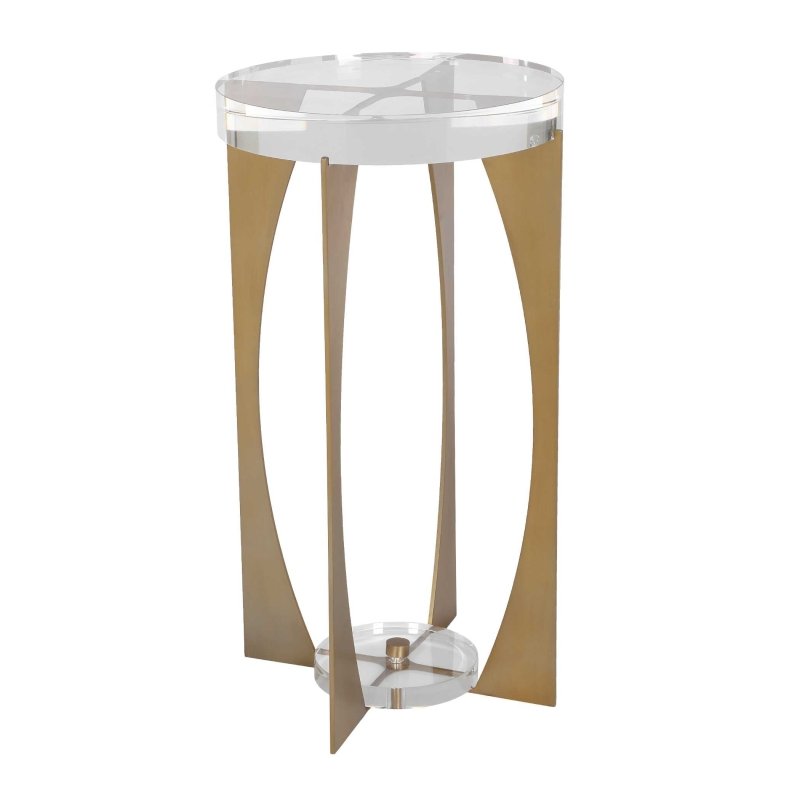 Kolkata Brass Accent Table by Uttermost round crystal tabletop top view clear crystal detail