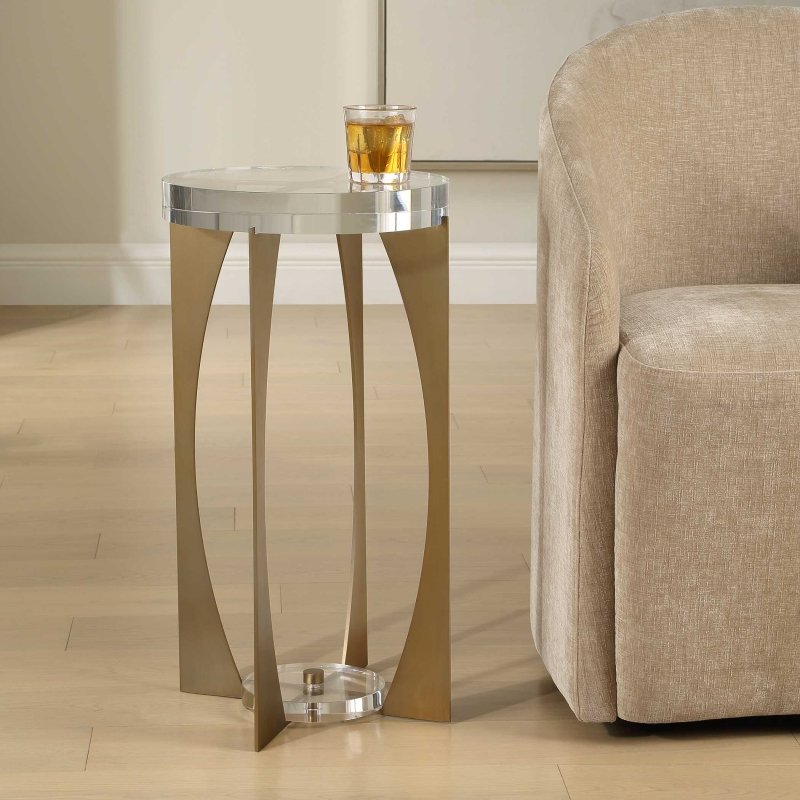 Kolkata Brass Accent Table by Uttermost brass finished iron base open frame close up detail