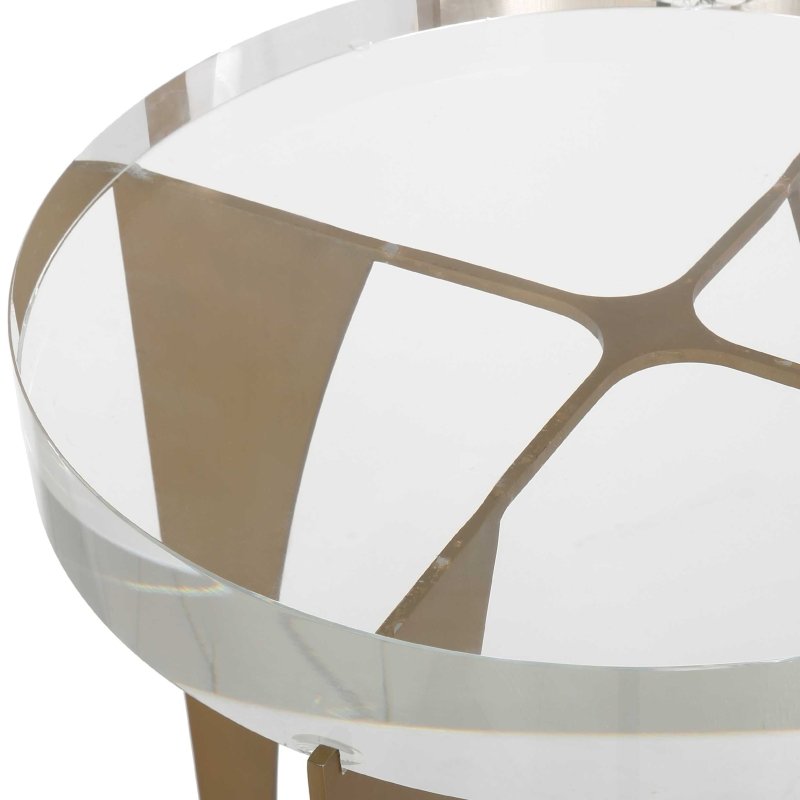 Kolkata Brass Accent Table by Uttermost clear acrylic base plate detail close up