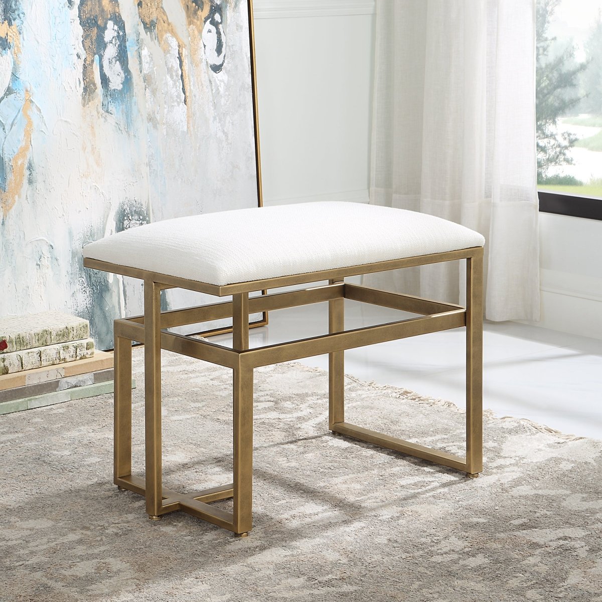 Antique Brushed Brass Iron Bench with Off White Upholstery - Uttermost - Benches by Modest Hut