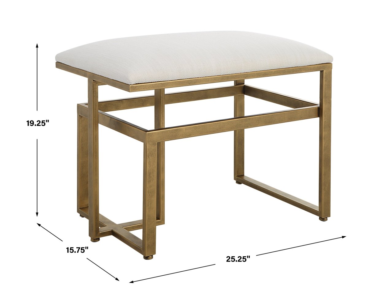 Antique Brushed Brass Iron Bench with Off White Upholstery - Uttermost - Benches by Modest Hut