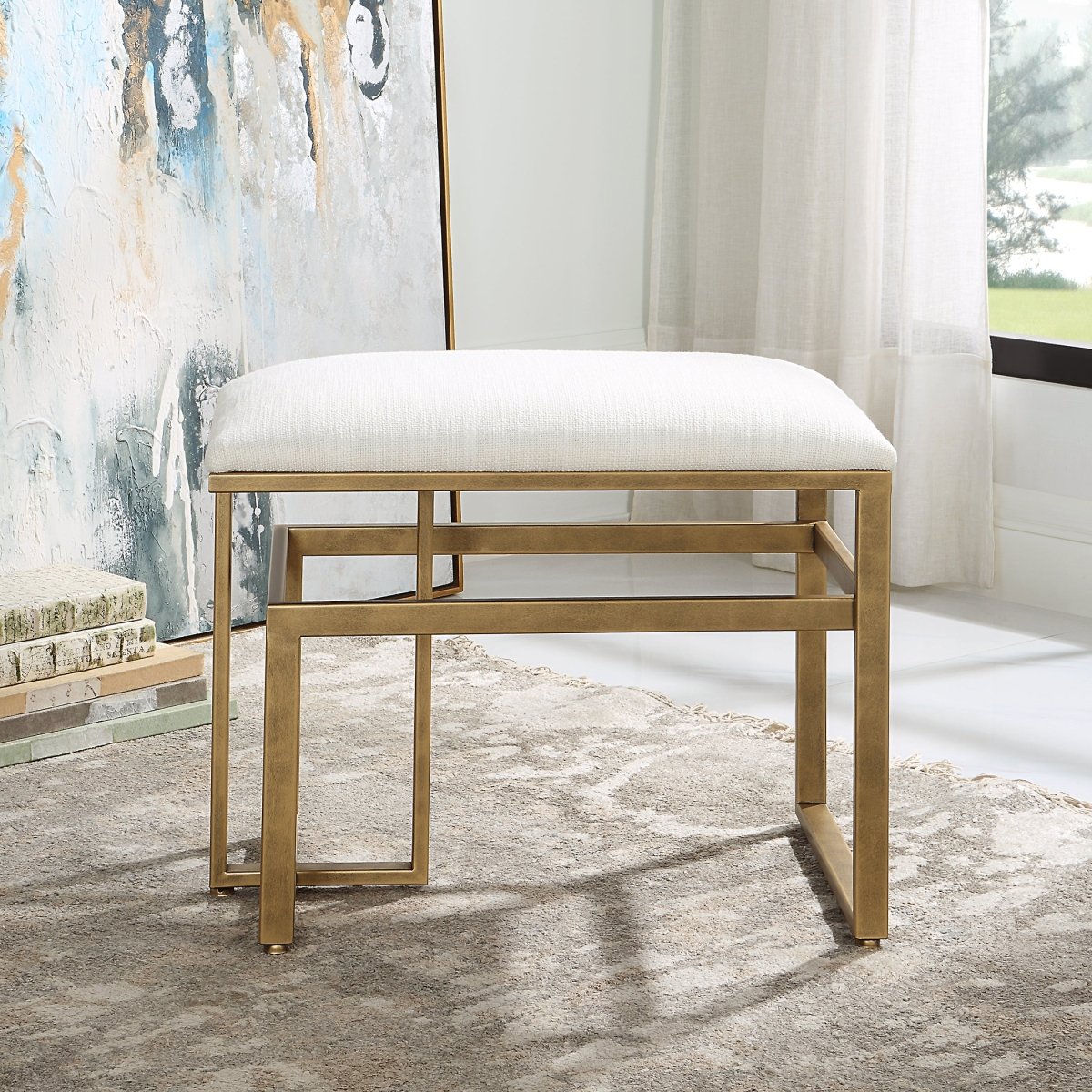 Antique Brushed Brass Iron Bench with Off White Upholstery - Uttermost - Benches by Modest Hut
