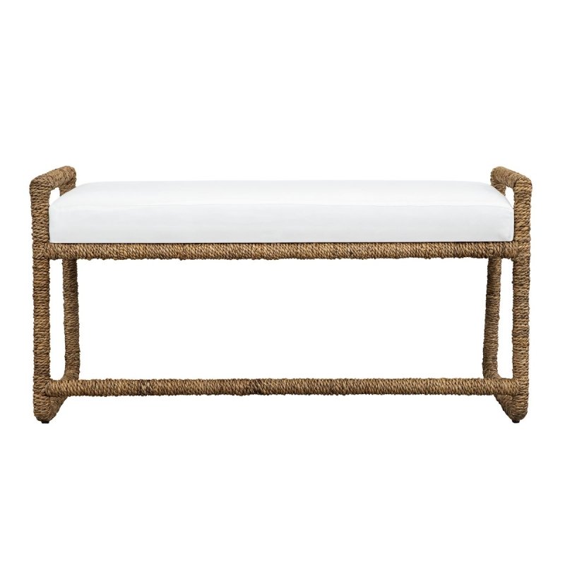 Detail view of the Araiza Natural Banana Fiber White Bench finish and construction