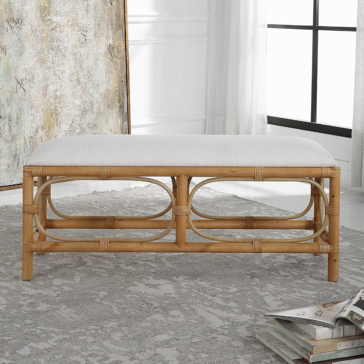 Laguna White Fabric Rattan Bench - Uttermost - Benches by Modest Hut