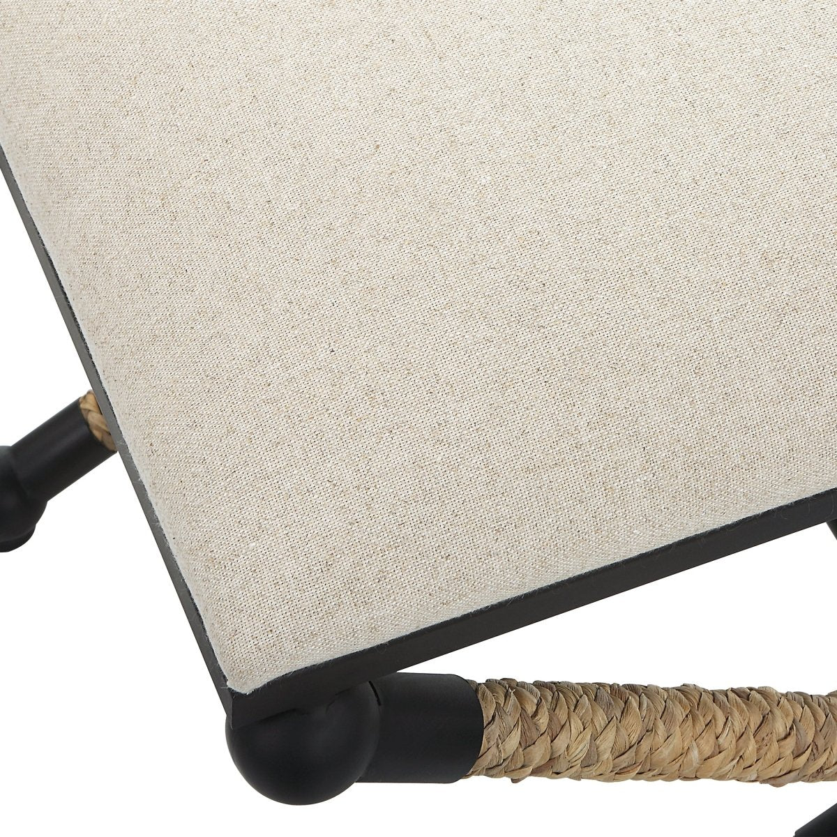 Satin Black Iron Coastal Bench with Braided Straw - Uttermost - Benches by Modest Hut