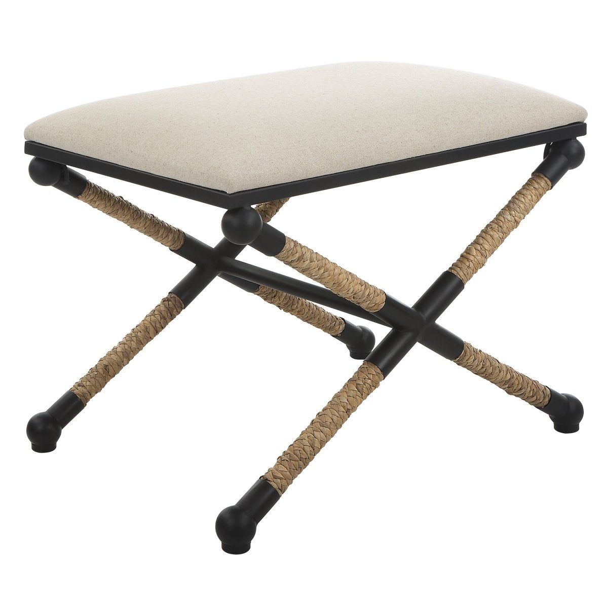Satin Black Iron Coastal Bench with Braided Straw - Uttermost - Benches by Modest Hut
