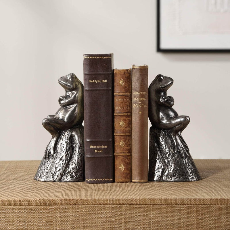 Daydreaming Frogs Aged Silver Bookends, S/2 - Uttermost - Bookends by Modest Hut