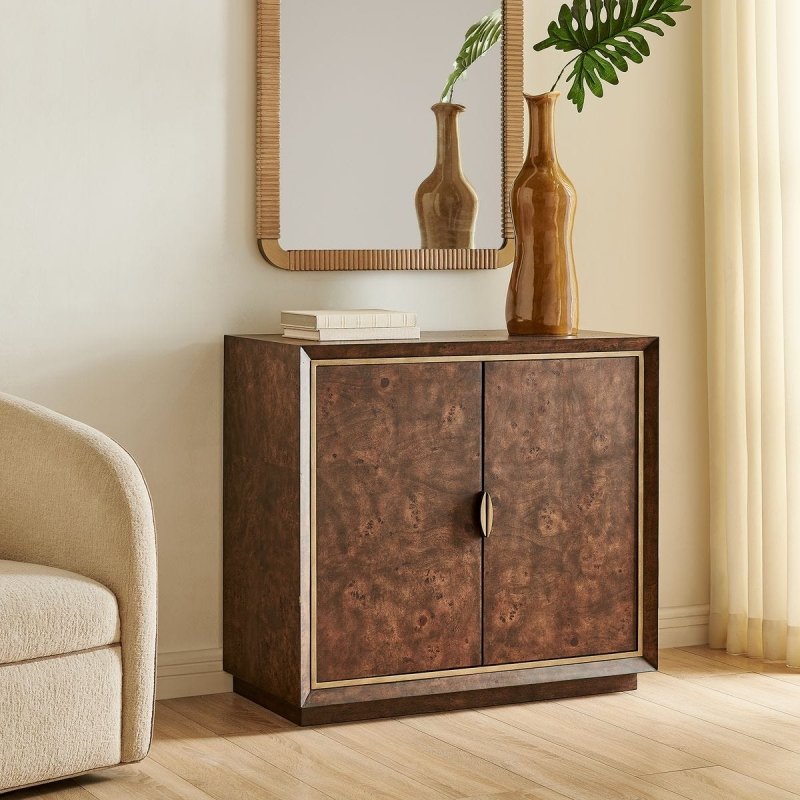 Side view of the Flores Walnut Mappa Burl 2 Door Cabinet by Uttermost