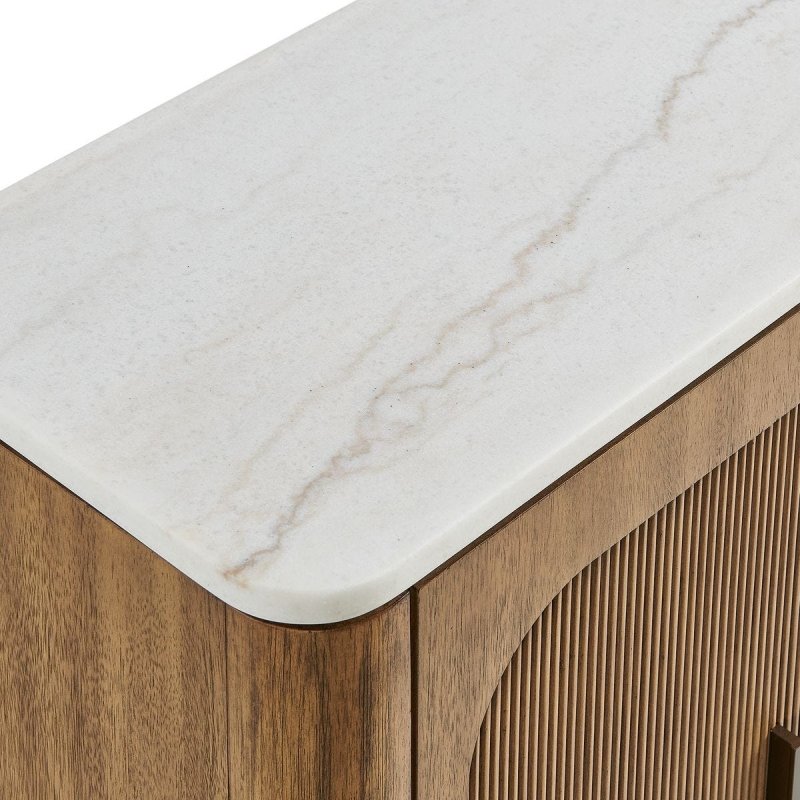 Close-up of the Mebarak cabinet white marble top