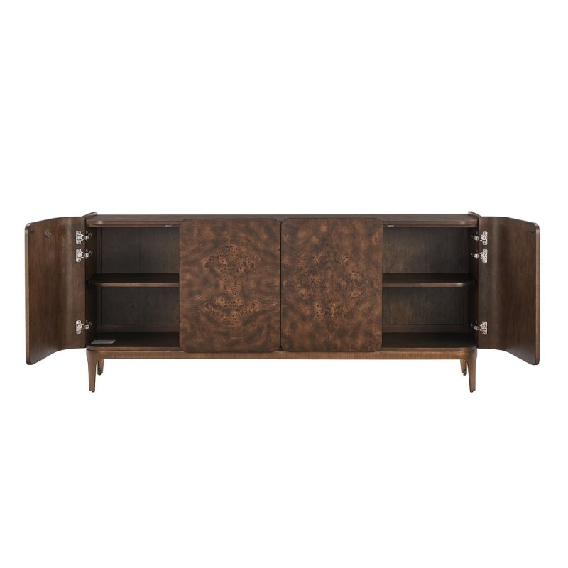 Open view of the Melbourne Mappa Burl 4-Door Cabinet showing interior storage