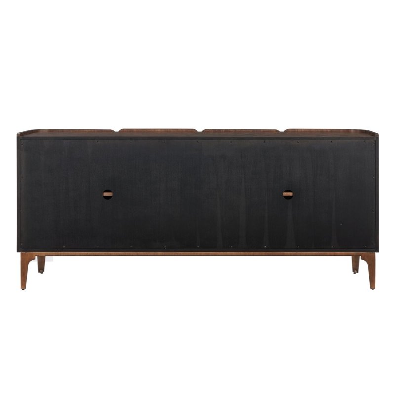 Detail view of warm brass iron legs on the Melbourne Mappa Burl 4-Door Cabinet