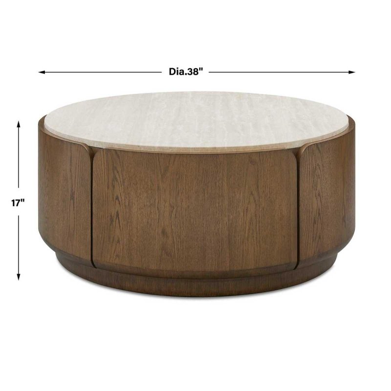 Dimension guide for the Tindall Round Travertine and Oak Coffee Table