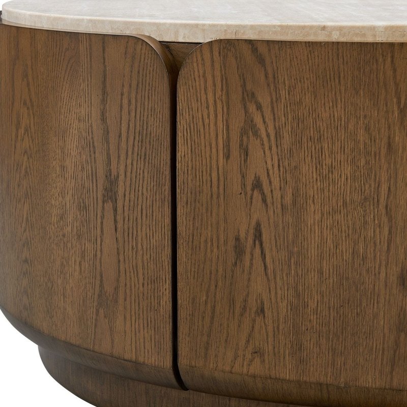 Close-up of natural travertine top on the Tindall Round Travertine and Oak Coffee Table