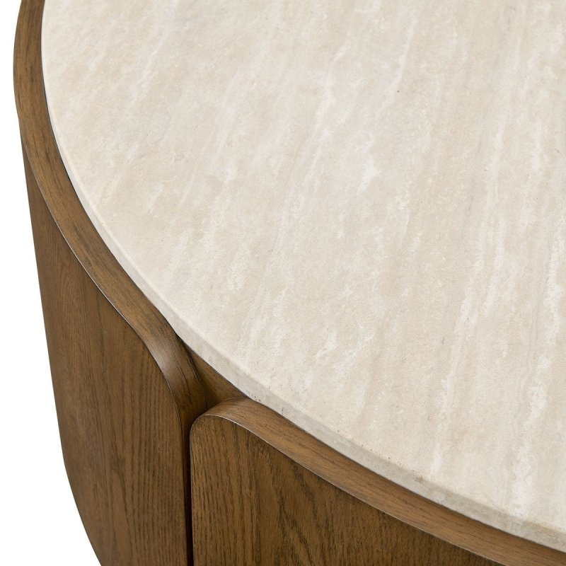 Alternate angle of the Tindall Round Travertine and Oak Coffee Table by Uttermost