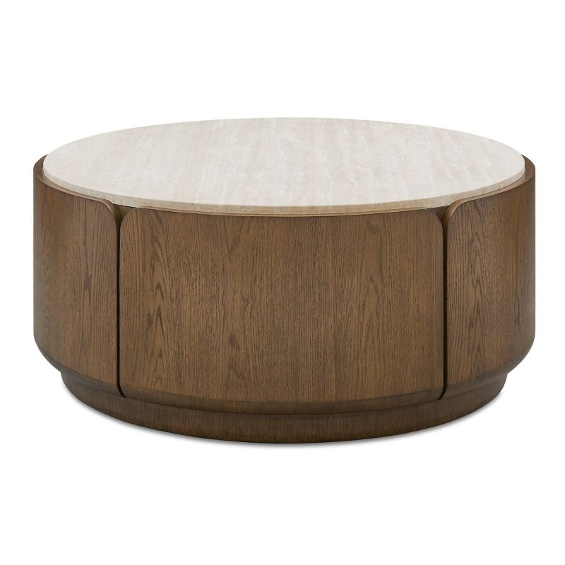 Tindall Round Travertine and Oak Coffee Table by Uttermost on a white background