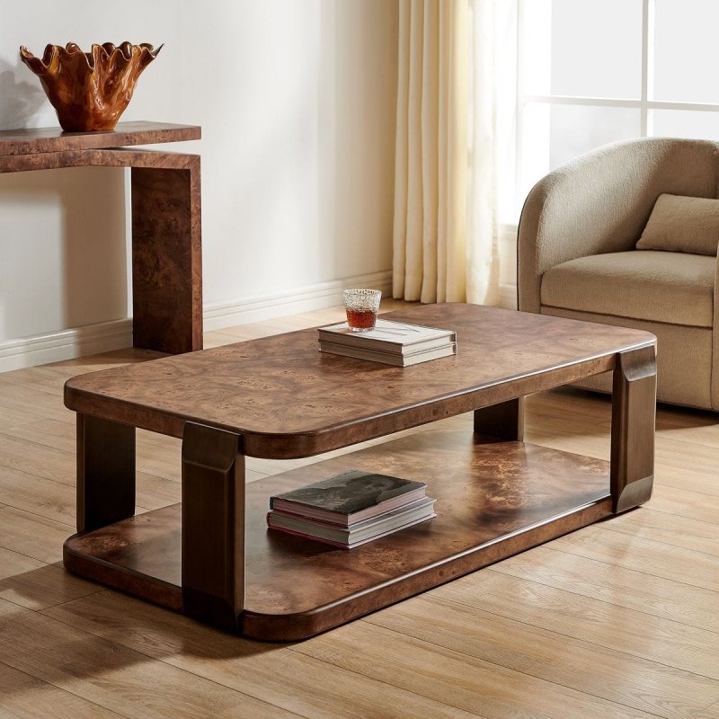 Alternate angle of the Vance Mappa Burl Tiered Coffee Table by Uttermost
