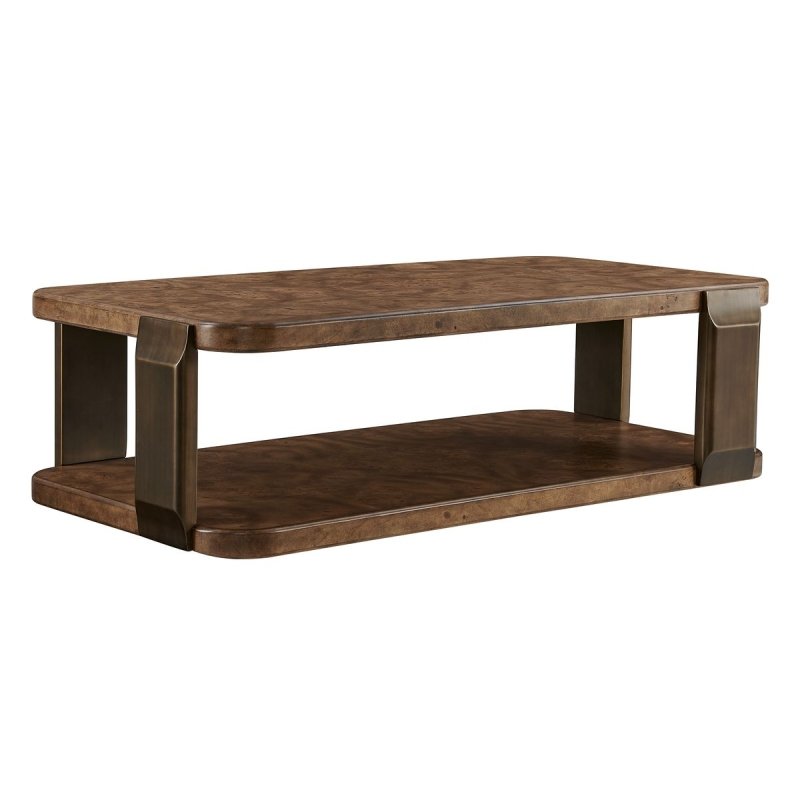 Side profile of the Vance Mappa Burl Tiered Coffee Table by Uttermost