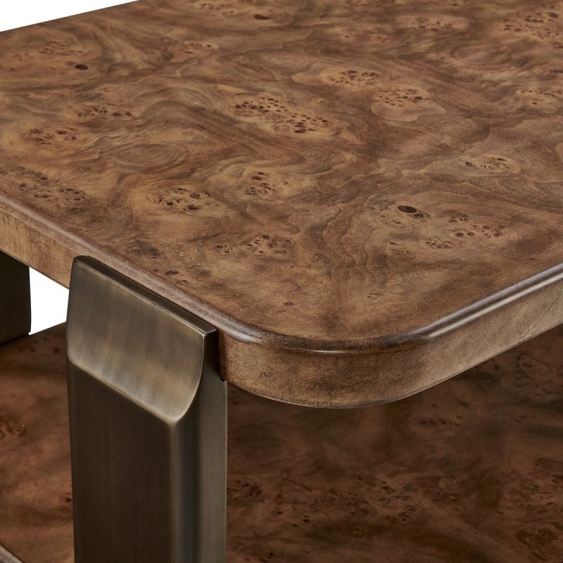 Detail view of dark-bronze supports on the Vance Mappa Burl Tiered Coffee Table