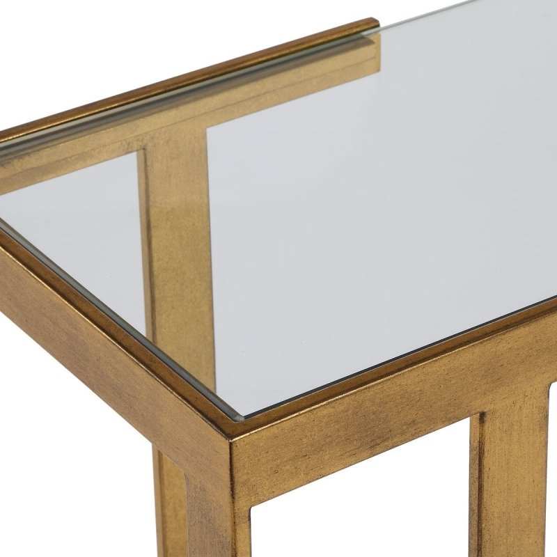 Close-up of the Kendrick console table glass top and frame edge