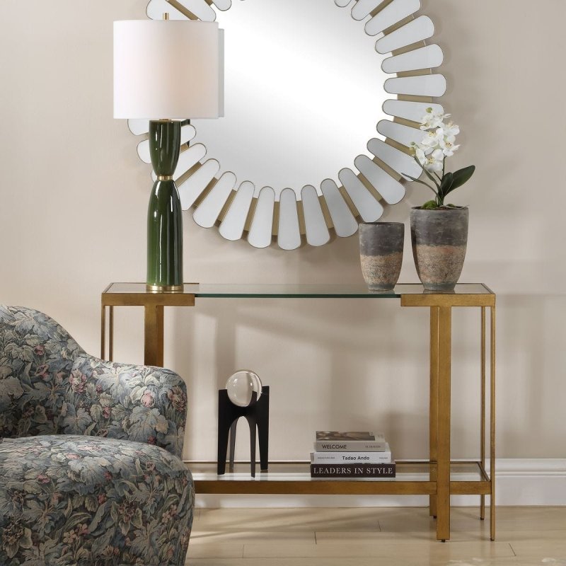 Kendrick console table styled with a mirror and decor