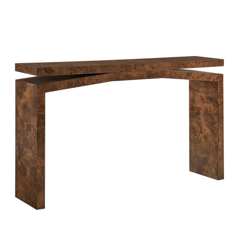Side profile of the Naoko Dark Walnut Mappa Burl Console Table by Uttermost