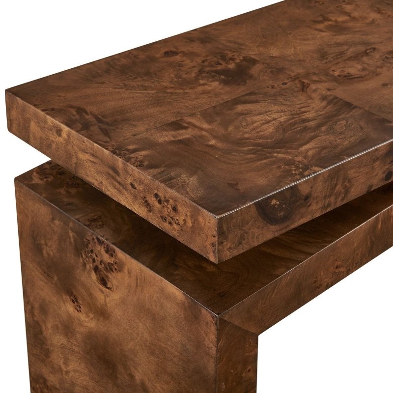 Detail view of floating tabletop reveal on the Naoko Dark Walnut Mappa Burl Console Table