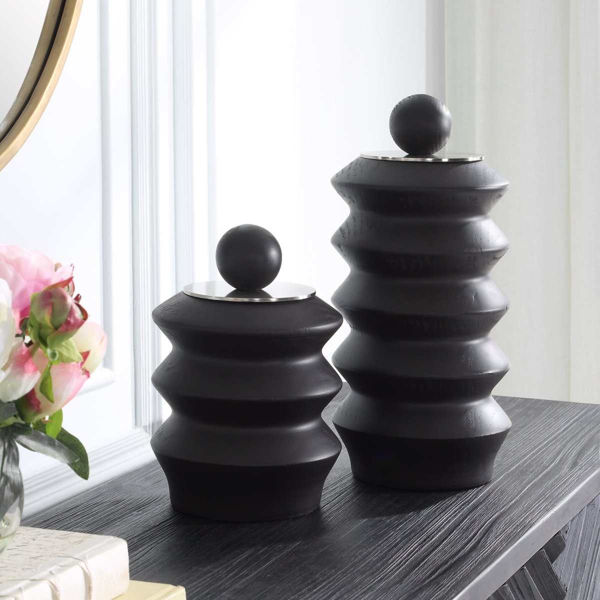 Accordion Black Wood Containers, S/2 - Uttermost - Decorative Bottles by Modest Hut