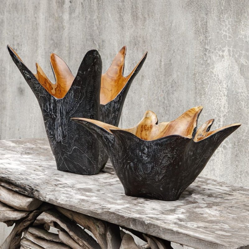 Starpetal Indoor-Outdoor Bowl by Uttermost teak bowls set angled view black and white exterior