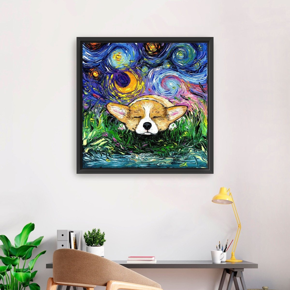 Sleepy Corgi Night Canvas Wall Art - Lumaprints - Dogs by Modest Hut