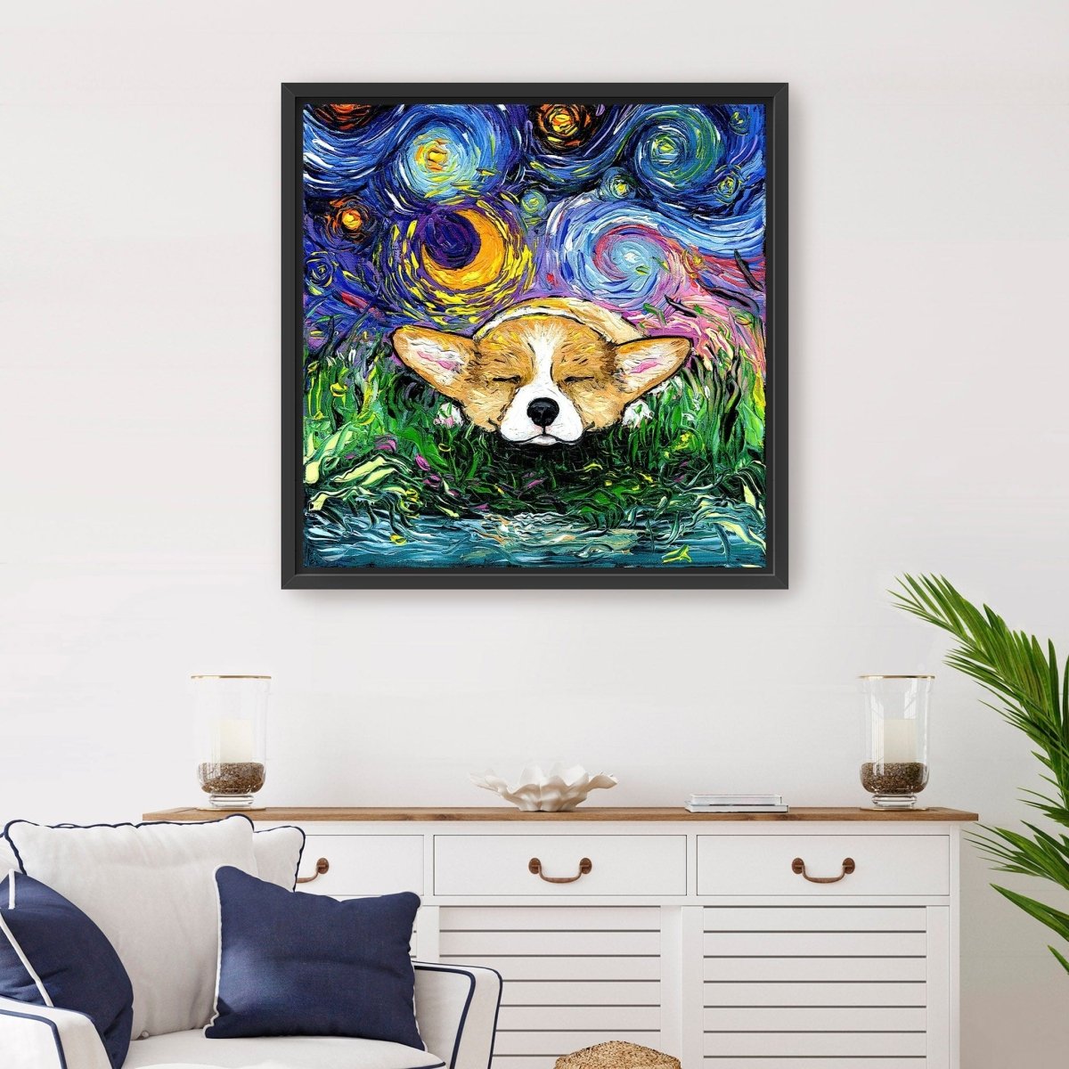 Sleepy Corgi Night Canvas Wall Art - Lumaprints - Dogs by Modest Hut