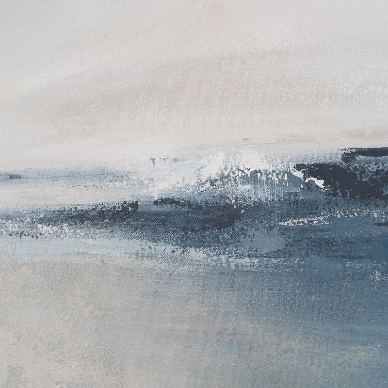 Detail view of blue and teal painted field on the Above the Waterline Blue Abstract Painting