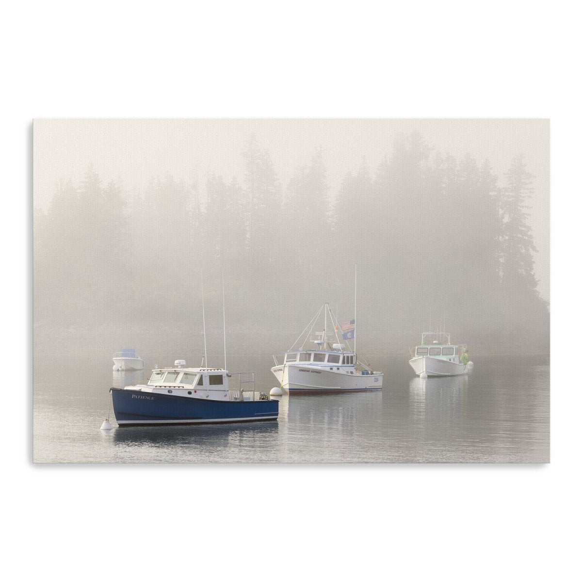 Maine Lobster Boats and Fog in Front of Island Canvas Wall Art - Lumaprints - Gallery Canvas by Modest Hut