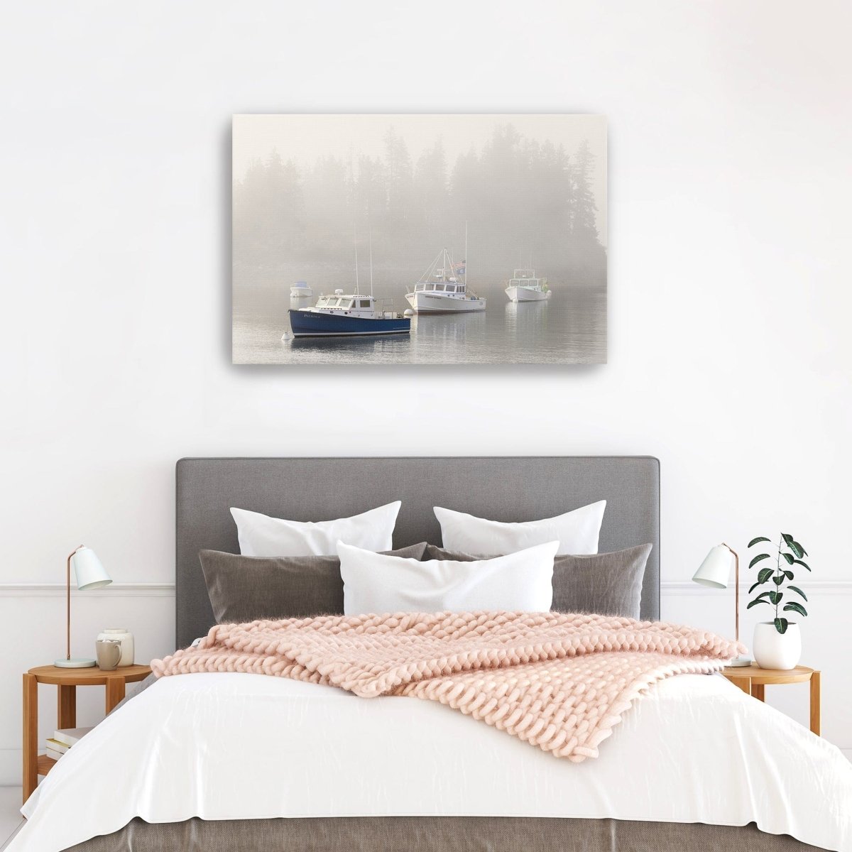 Maine Lobster Boats and Fog in Front of Island Canvas Wall Art - Lumaprints - Gallery Canvas by Modest Hut
