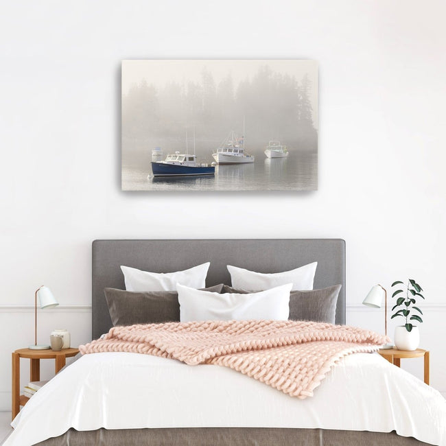 Maine Lobster Boats and Fog in Front of Island Canvas Wall Art - Lumaprints - Gallery Canvas by Modest Hut
