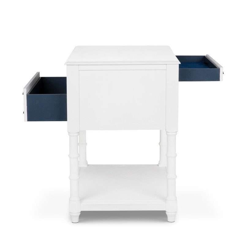 Side view of the Bimini whitewash kitchen island with drawers extended from both sides above the lower shelf