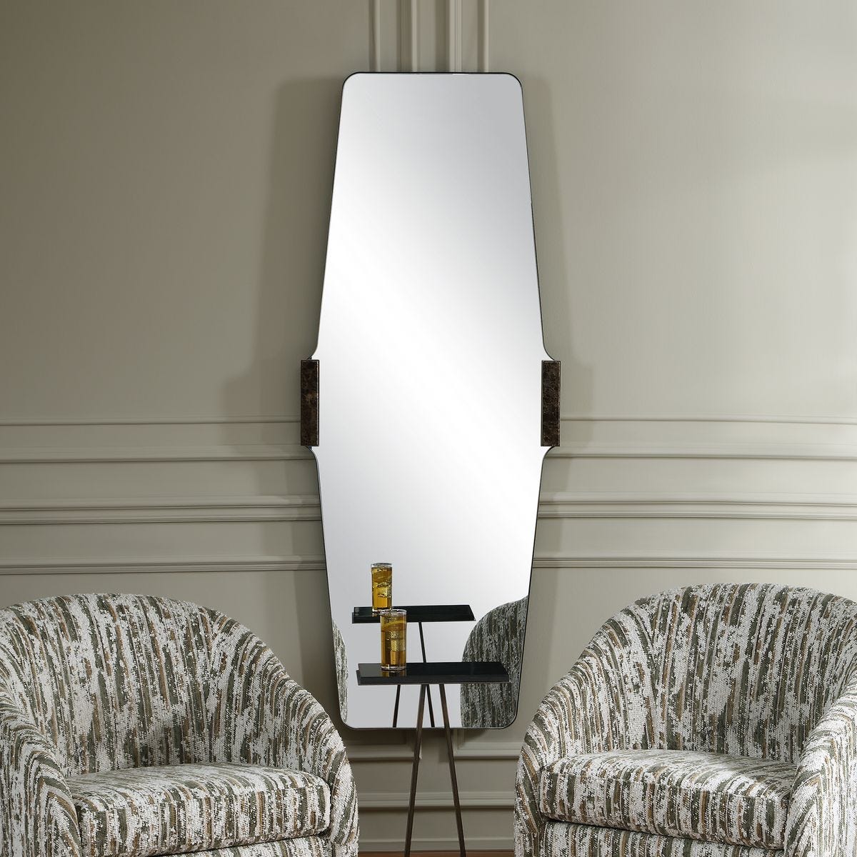 Orson Golden Bronze Marble Tall Mirror styled in a wall setting