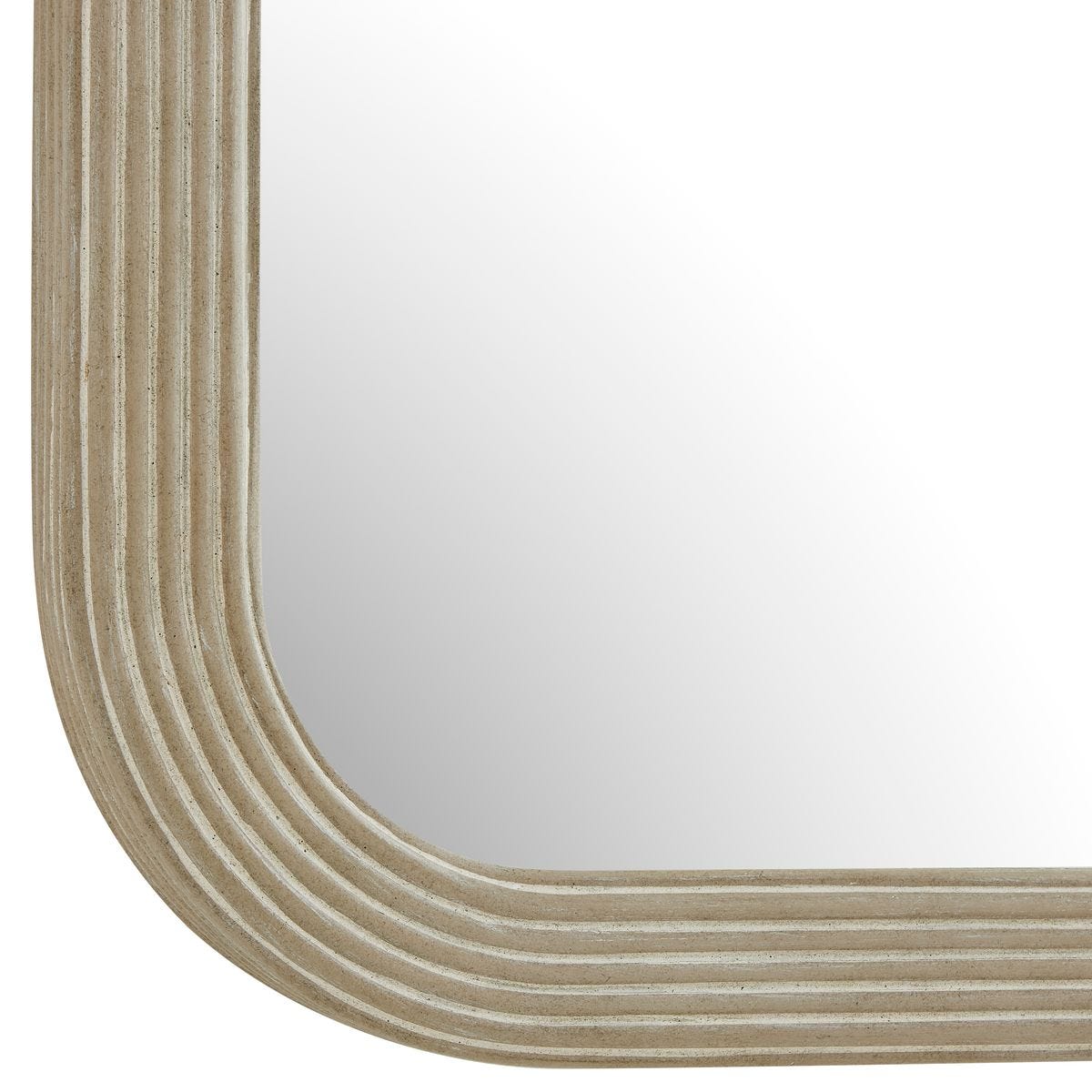 Detail view of the Emari Warm Gray Reeded Wood Wall Mirror finish and construction
