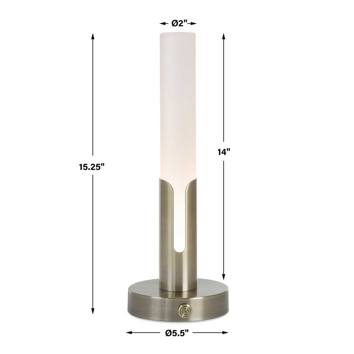 Dimension guide for the Tron Brass Frosted Acrylic Rechargeable Lamp