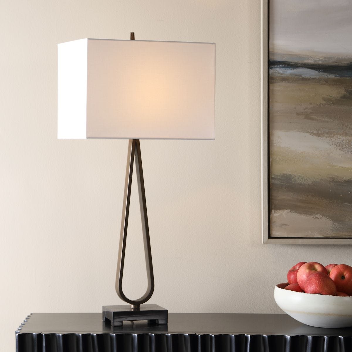Galloway Dark Bronze Marble Table Lamp styled in a styled room setting