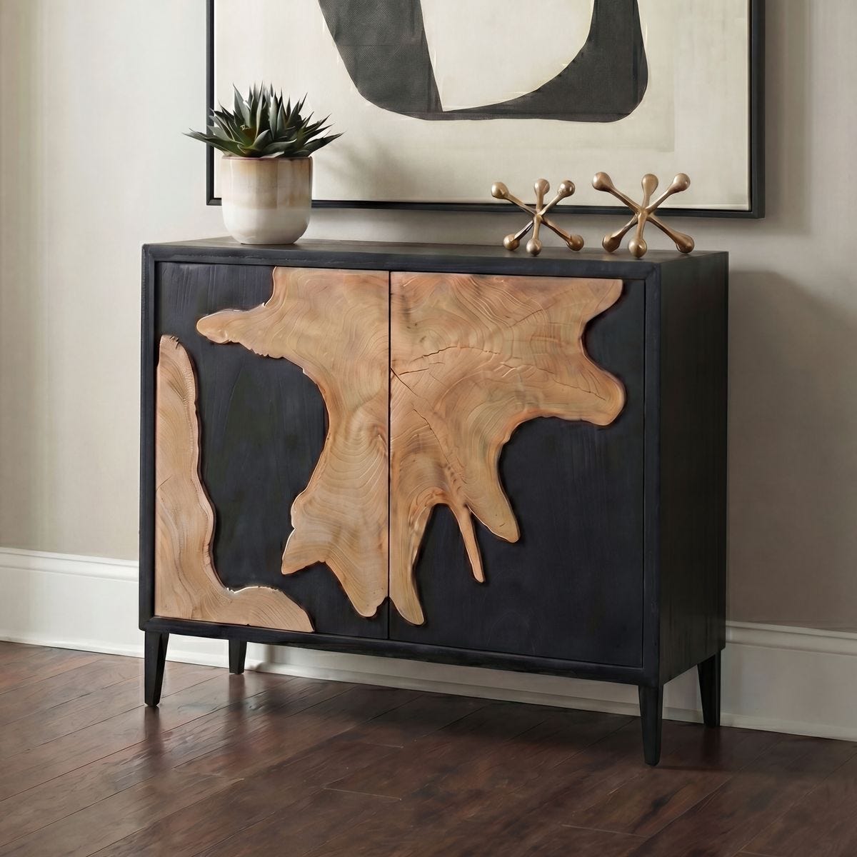 Andrei Teak Root 2 Door Cabinet styled in an interior setting