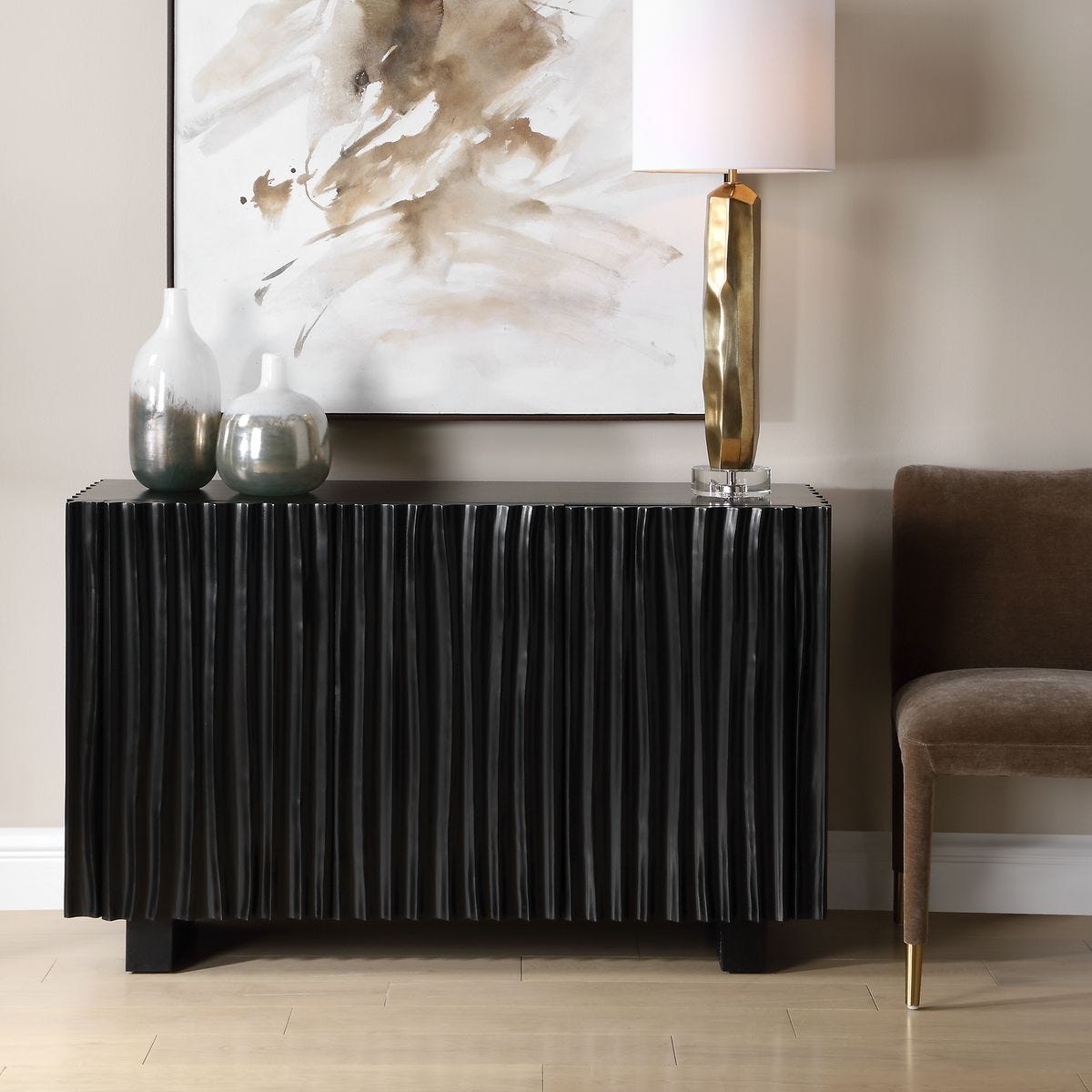 Mercado Black Paulownia 3 Door Cabinet styled in a styled room setting