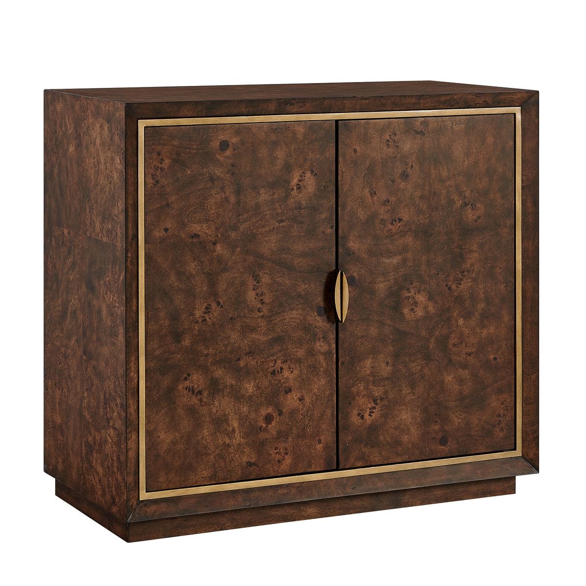 Detail view of the Flores Walnut Mappa Burl 2 Door Cabinet finish and construction